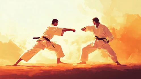 Dynamic karate duel in sunlit minimalist digital painting.