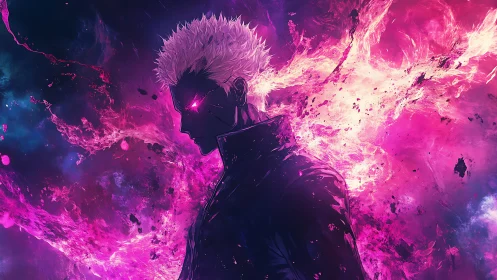 Blazing white‑haired warrior engulfed in neon magenta fire.