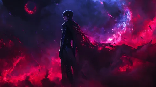 Lone dark hero stands in swirling crimson and violet storm