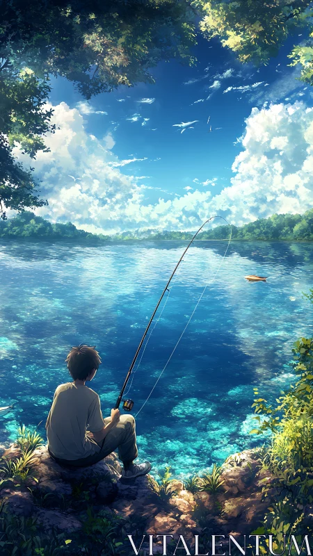 Solitary lakeside angler under deep summer cumulus sky