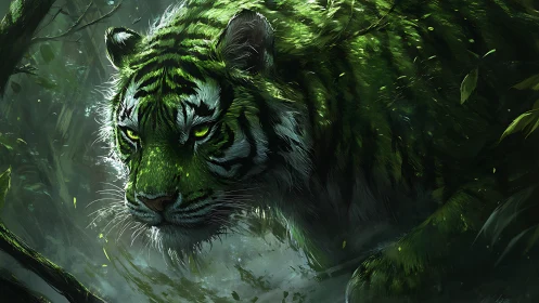 Emerald tiger stalks through misty jungle shadows in silence