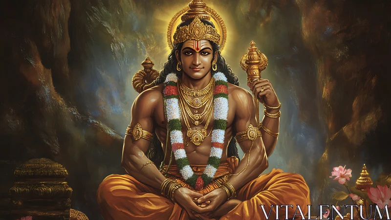 Deified warrior seated in cavernous aureole-lit sanctum.