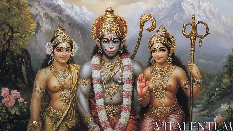 Devotional Hindu trinity in ornate attire before alpine peaks