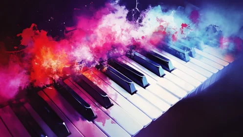 Colorful smoke drifts above glowing piano keys in motion