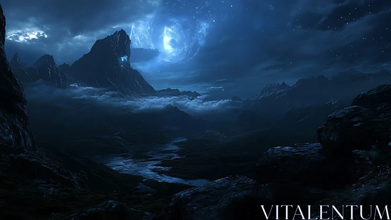 Nocturnal alien mountainscape with celestial vortex sky design.