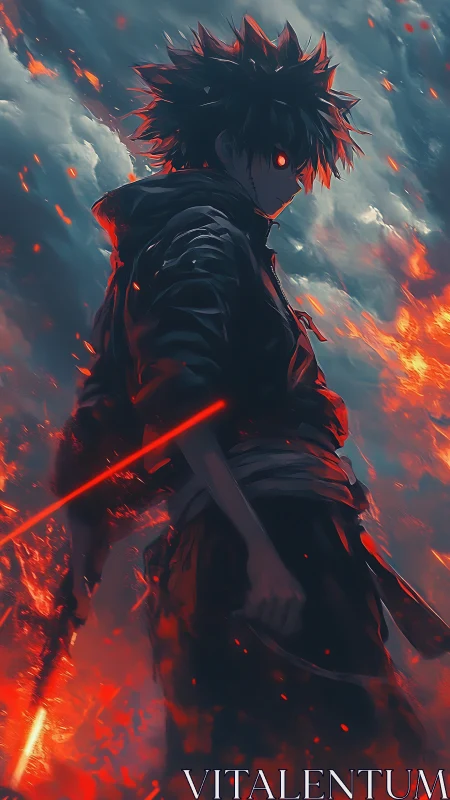 Fiery-eyed warrior in stormlit inferno with glowing katana.