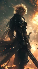 Armored warrior silhouette emerges from infernal battlefield