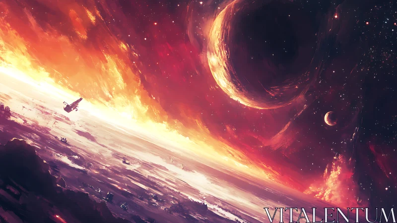 Burning cosmic sky over tilted alien horizon at dusk.