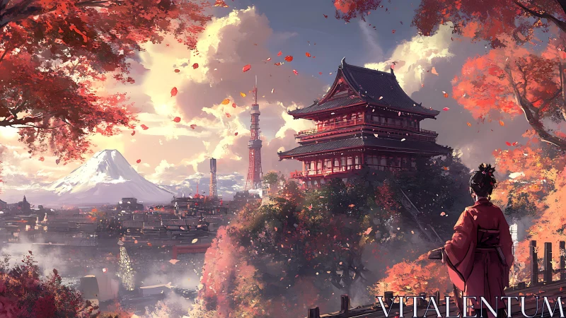 Autumn shrine balcony above a misty Tokyo dreamscape.