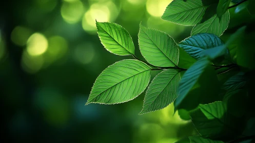 Backlit green leaves with crisp veins and soft bokeh glow.