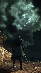 Armored wanderer confronts swirling celestial storm above fortress