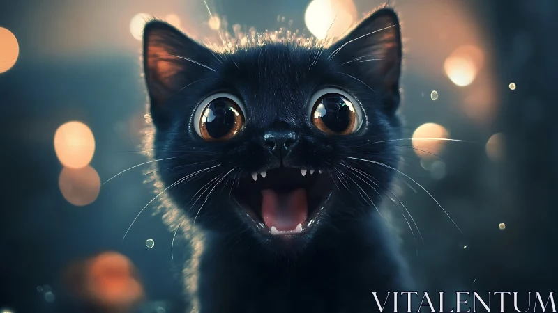 Bright eyed black kitten sharing a wide open joyful smile.