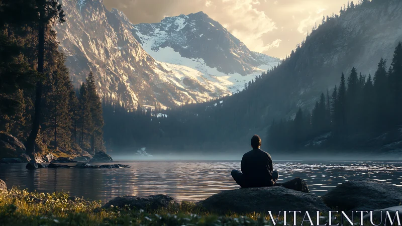 Person sits by mountain lake facing snow covered peaks