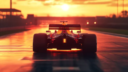 Formula race car on wet track under intense sunset light.