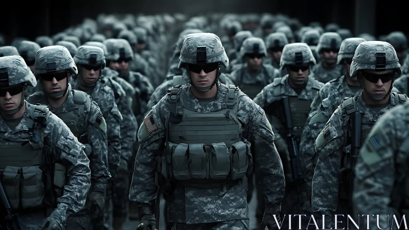 Combat infantry column advances in tight formation outdoors.