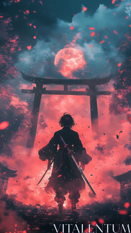 Samurai silhouette under red moon at shrine gate.