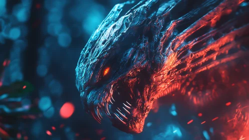 Molten cyber dragon lunging through neon embers at dusk.