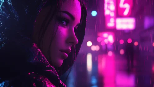 Hooded figure in neon lit rainy urban street at night.