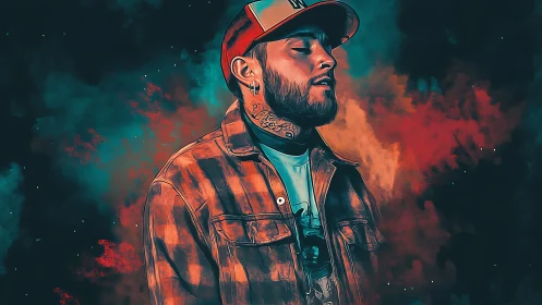 Digital portrait of tattooed man against nebular color field