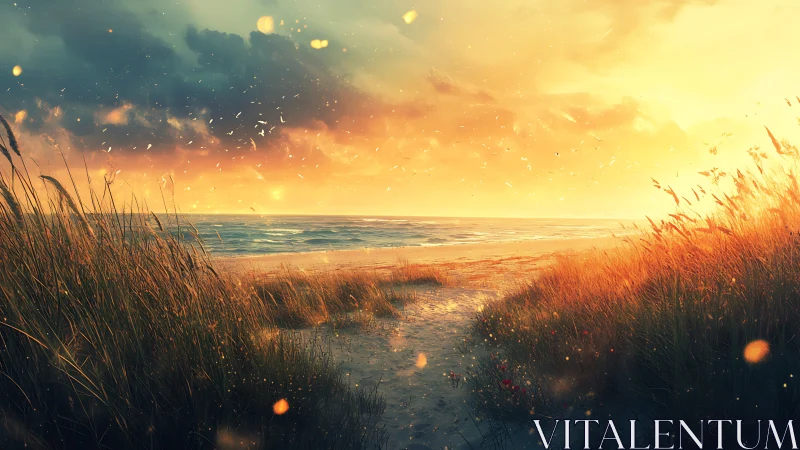 Digital sunset dune path with luminous coastal grasses framing.