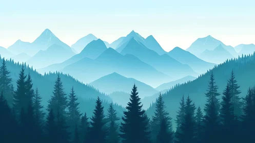 Layered conifer forest and distant blue mountain ranges.