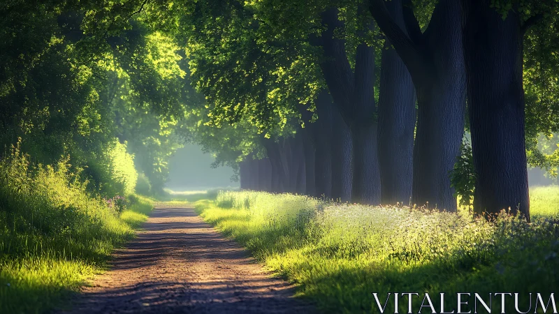 Mature Tree-Lined Pathway With Diffuse Photonic Canopy Illumination.