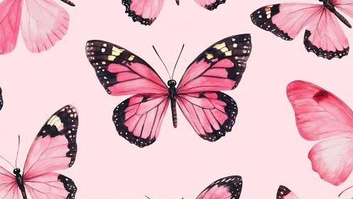Pink watercolor butterflies on soft blush seamless pattern.