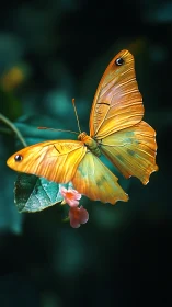 Golden butterfly resting on leaf in soft forest light.