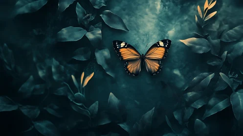 Golden butterfly rests softly among deep teal forest leaves