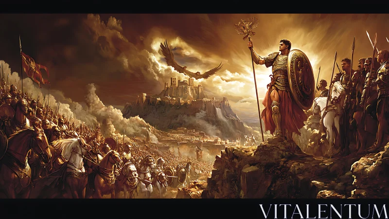 Sunlit clash of empires before a storm-wreathed citadel.