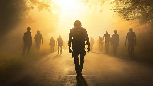 Backlit survivor silhouette crossing foggy road amid figures