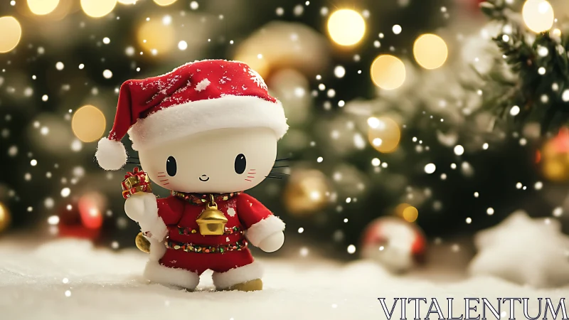 Cute cartoon cat in Santa suit with snowy lights bokeh