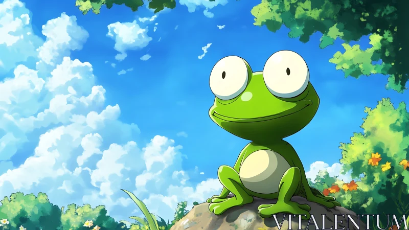 Big-eyed cartoon frog smiling under bright summer sky.