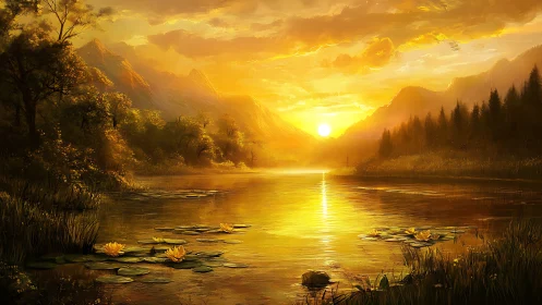 Golden sunset over calm mountain lake with lilies glowing.
