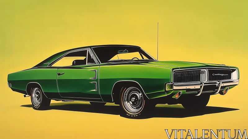 Green classic muscle car rendered against yellow backdrop