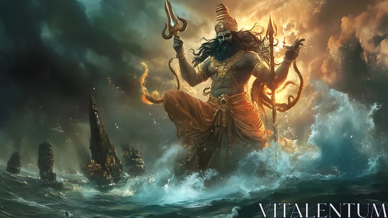 Storm‑crowned sea deity strides through shattered ocean spires