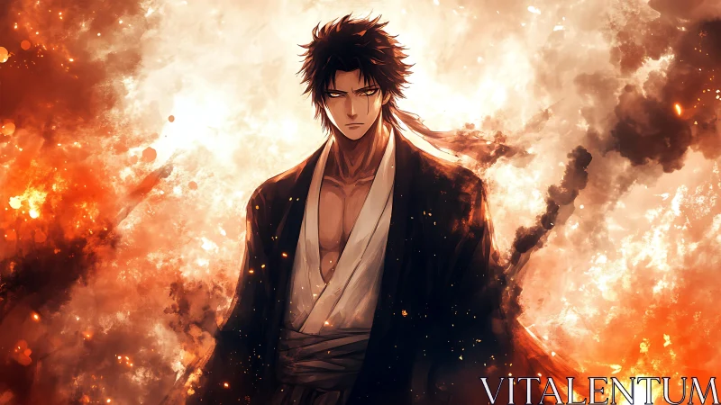Anime swordsman stands amid intense swirling firestorm