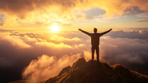 Silhouetted hiker embraces golden sunrise above cloud sea