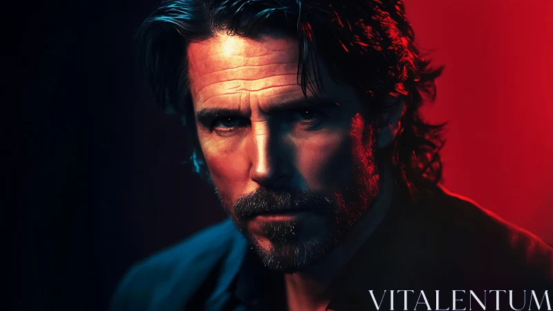 Male portrait under contrasting blue and red lighting.