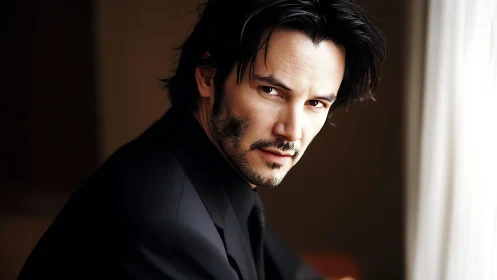 Brooding gentleman in soft window light holds steady gaze.