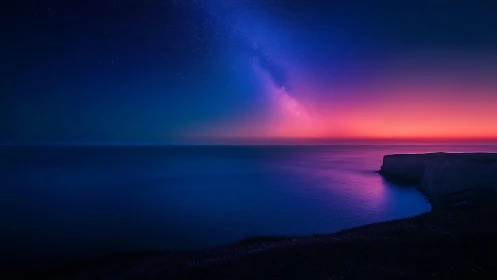 Photorealistic seascape with neon dusk gradient and cliff horizon.