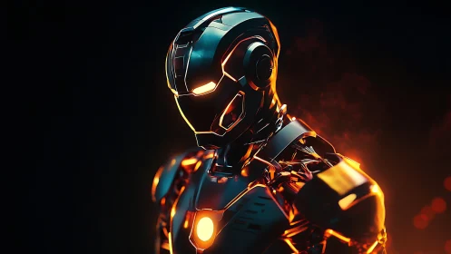 Ember-forged combat android glowing in cinematic neon dusk.