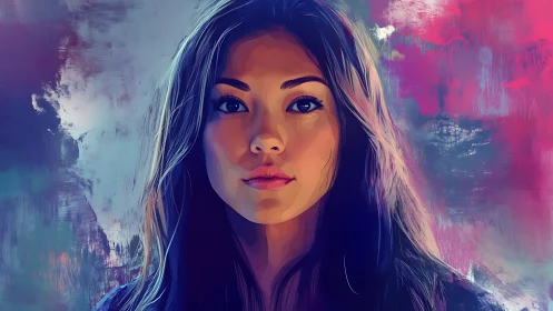 Digital portrait depicts woman against abstract color field