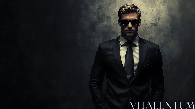 Sharp-suited man in sunglasses stands in moody low light