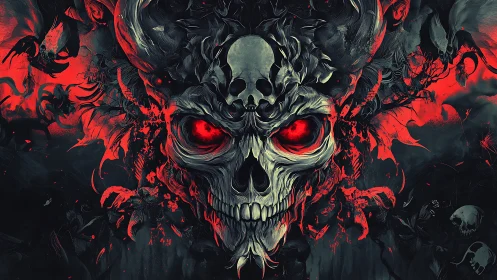 Horned skull illustration with red eyes and abstract chaos.