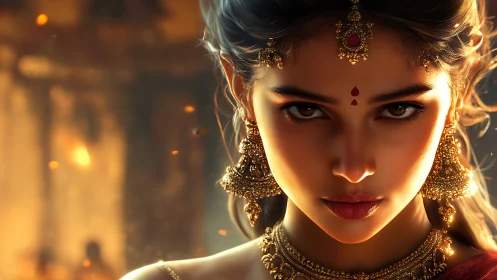 Firelit goddess gaze crowned in molten gold and ember light.