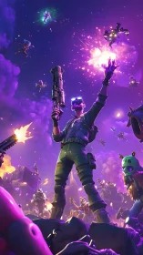 Neon sky raiders ignite a violet storm of chaotic heroics.