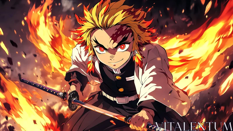 Flame-wreathed anime swordsman lunges forward in dynamic attack