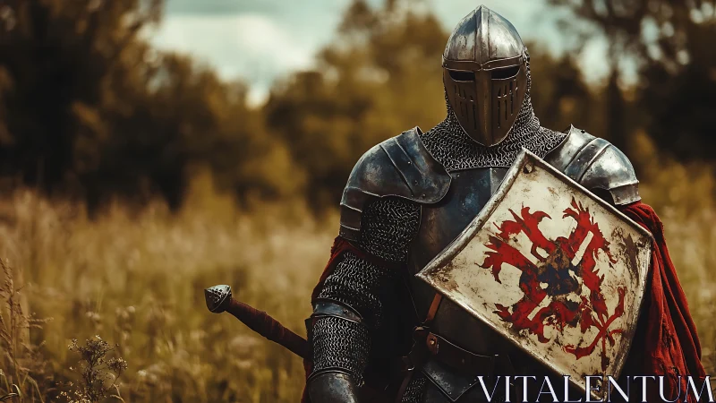 Steel-clad knight stands vigilant beneath a fading summer sky.