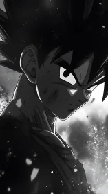 Monochrome anime warrior portrait with textured backdrop.